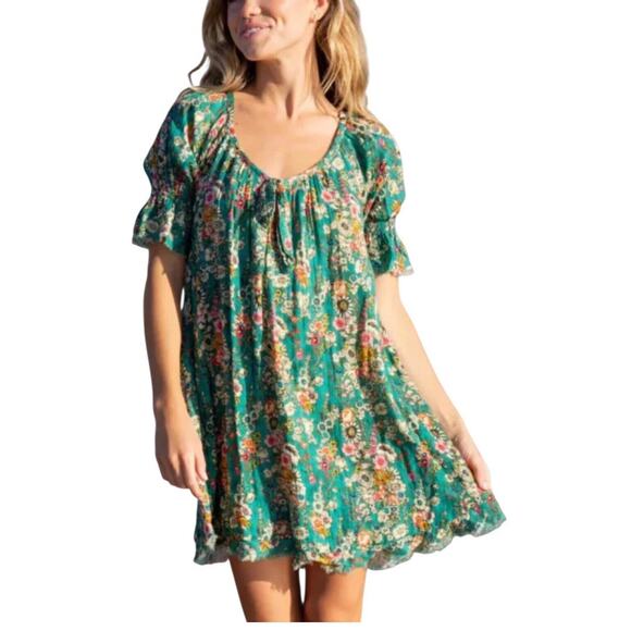 Natural Life Sienna Mini Dress Cotton Gauze Frayed Hems Green Floral Sz M - Picture 1 of 9